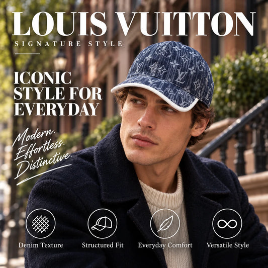Louis Vuitton Denim Canvas Baseball Cap worn by fashion model in a European street-style setting