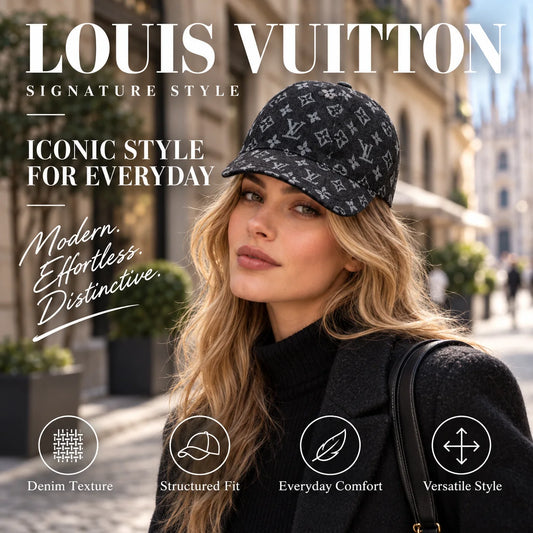 Louis Vuitton Denim Canvas Baseball Cap worn by fashion model in a European street-style setting