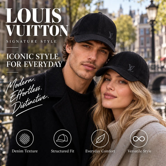 Louis Vuitton Denim Corduroy Baseball Cap worn by fashion model in a European street-style setting