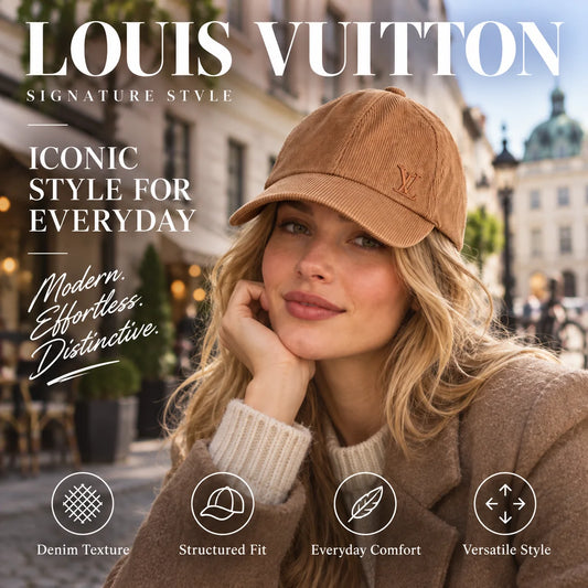 Louis Vuitton Denim Corduroy Baseball Cap worn by fashion model in a European street-style setting