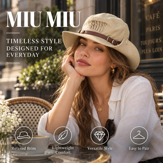 Miu Miu Embroidered Bucket Hat worn in a premium lifestyle setting