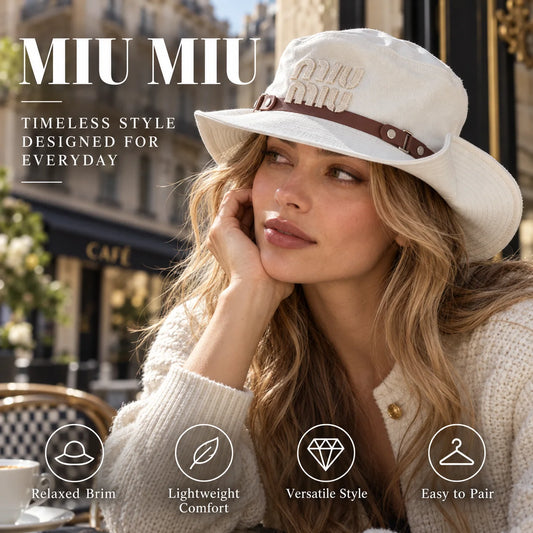 Miu Miu Embroidered Bucket Hat worn in a premium lifestyle setting