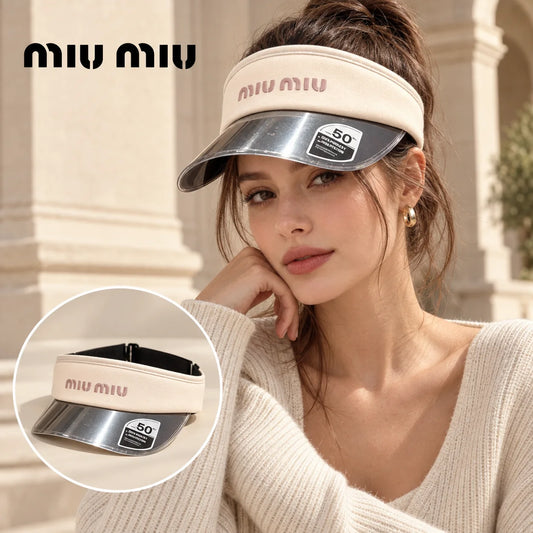Miu Miu Miu Miu Visor worn by a Western model with product detail inset