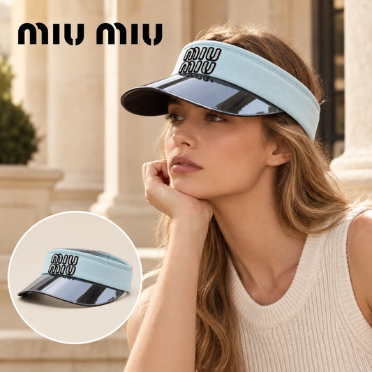 Miu Miu Miu Miu Visor worn by a Western model with product detail inset
