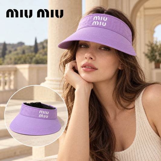 Miu Miu Miu Miu Visor worn by a Western model with product detail inset