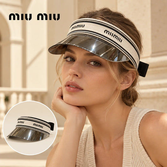 Miu Miu Miu Miu Visor worn by a Western model with product detail inset