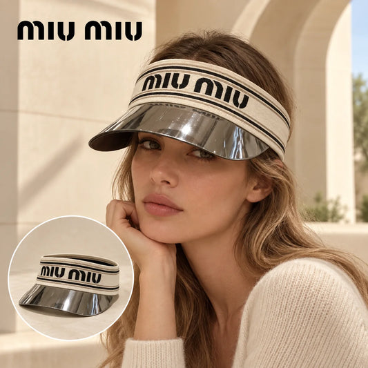 Miu Miu Miu Miu Visor worn by a Western model with product detail inset