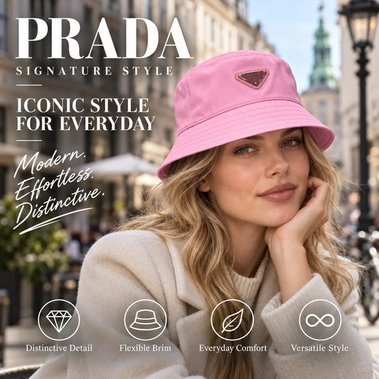 Prada Bucket Hat worn by fashion model in a European street-style setting