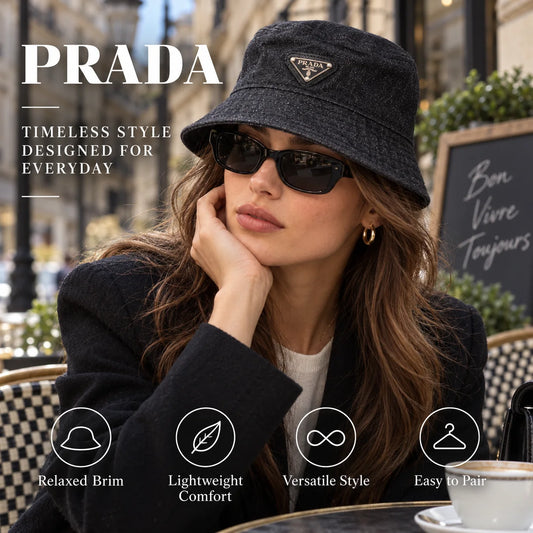 Prada Bucket Hat worn in a premium lifestyle setting