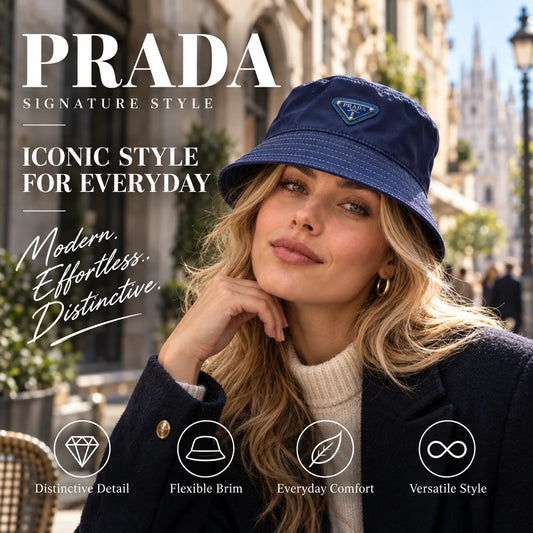 Prada Bucket Hat worn by fashion model in a European street-style setting