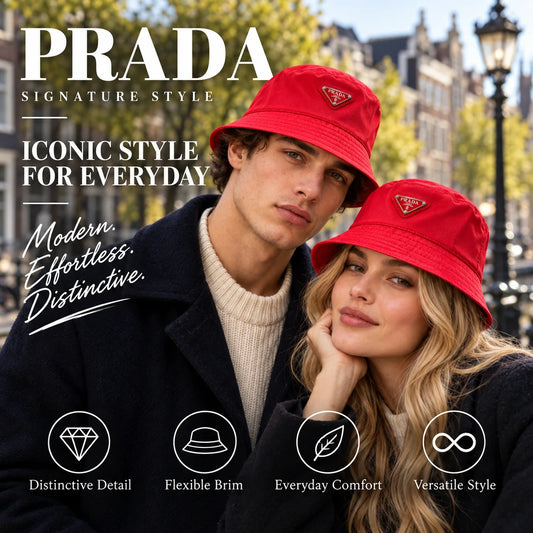 Prada Bucket Hat worn by fashion model in a European street-style setting