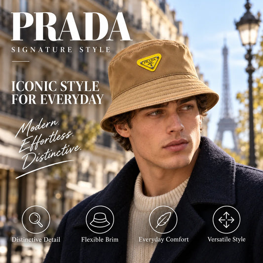 Prada Bucket Hat worn by fashion model in a European street-style setting