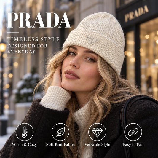 Prada Knit Beanie worn in a premium lifestyle setting