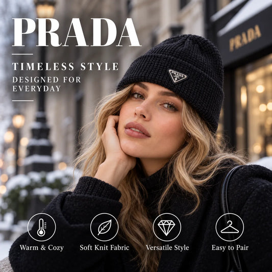 Prada Knit Beanie worn in a premium lifestyle setting