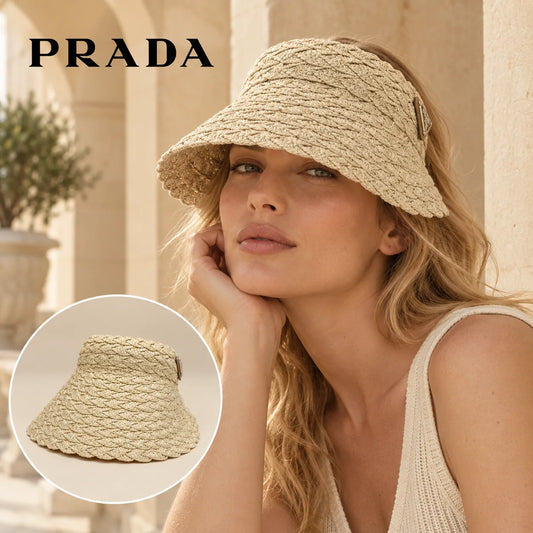 Prada Prada Visor worn by a Western model with product detail inset