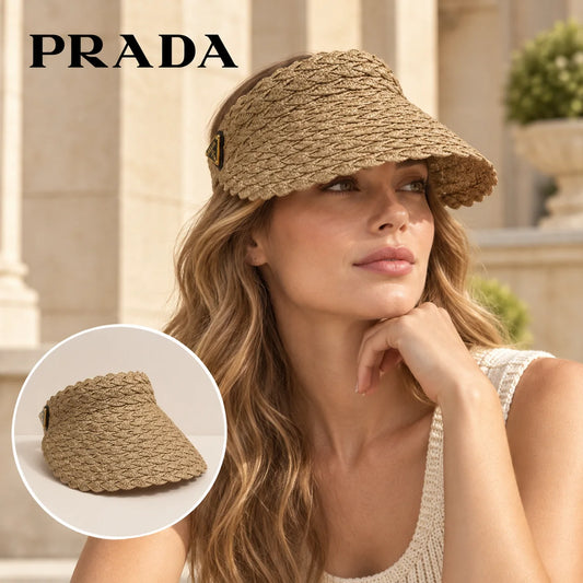 Prada Prada Visor worn by a Western model with product detail inset