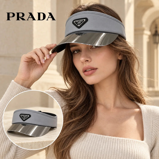 Prada Prada Visor worn by a Western model with product detail inset
