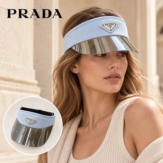 Prada Prada Visor worn by a Western model with product detail inset