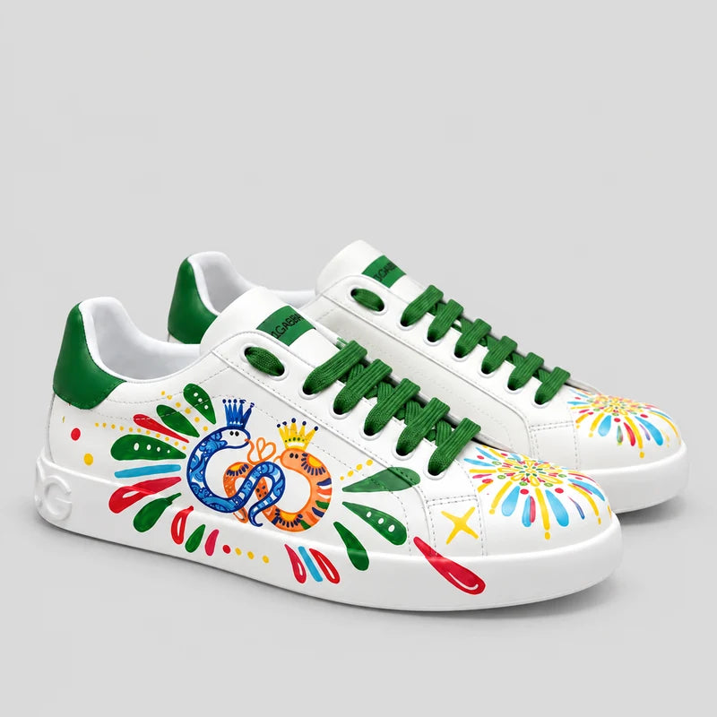 D*G  Premium Leather Casual Sneakers - Designer Unisex Shoes in White & White/Green