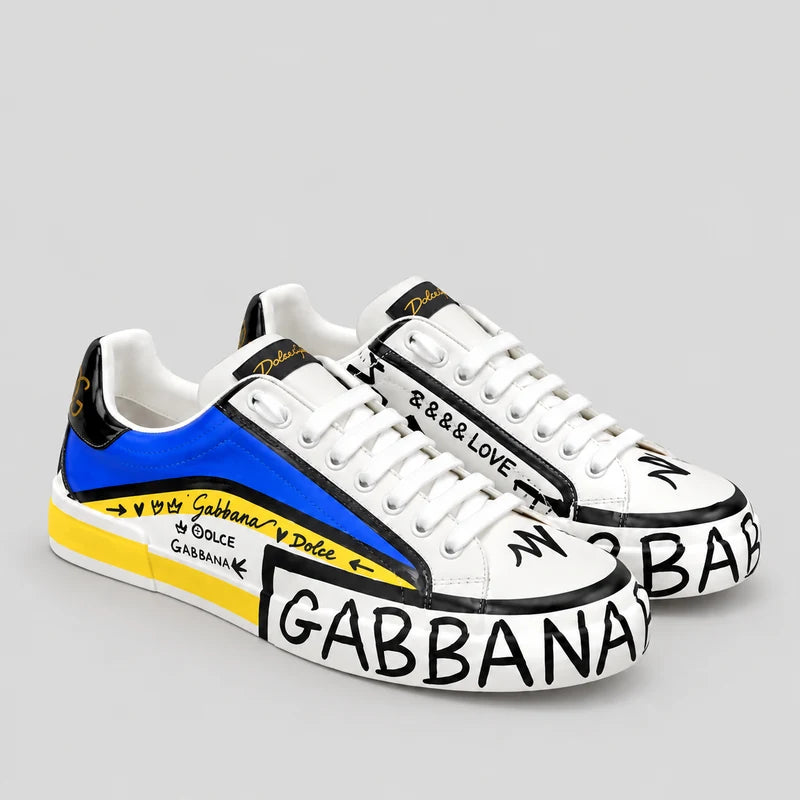 D*G  Premium Leather Casual Sneakers - Designer Unisex Shoes in White-Blue & White-Pink