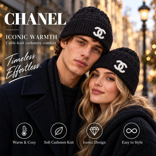 Chanel Cable Knit Cashmere Beanie worn in a premium lifestyle setting
