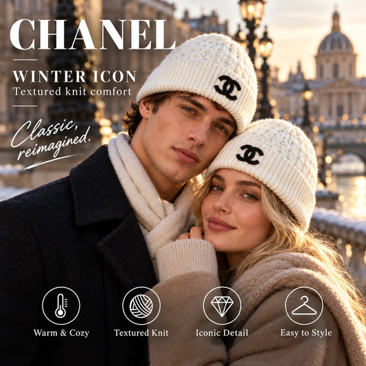 Chanel Cable Knit Cashmere Beanie worn in a premium lifestyle setting