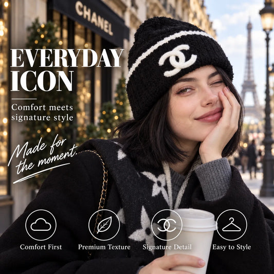 Chanel Cable Knit Plush Beanie worn in a premium lifestyle setting