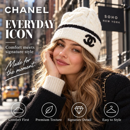 Chanel Cable Knit Plush Beanie worn in a premium lifestyle setting