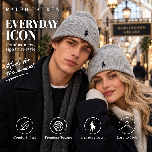 Ralph Lauren Embroidered Beanie worn in a premium lifestyle setting