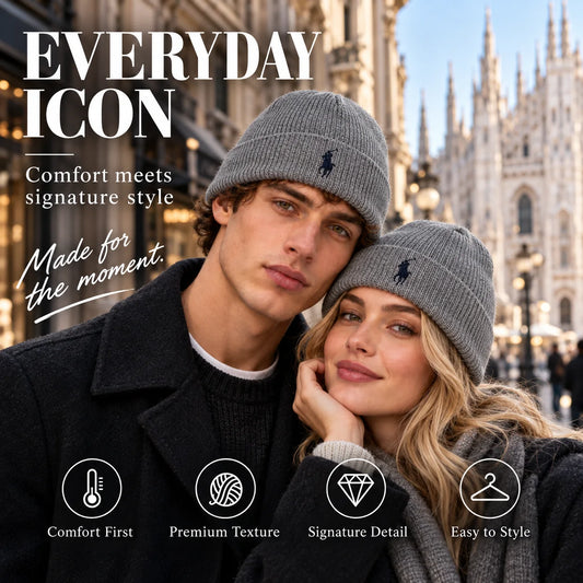 Ralph Lauren Embroidered Knit Beanie for Fall & Winter worn in a premium lifestyle setting