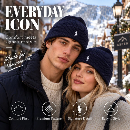 Ralph Lauren Embroidered Beanie worn in a premium lifestyle setting