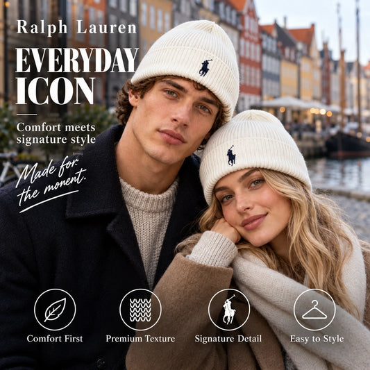 Ralph Lauren Embroidered Beanie worn in a premium lifestyle setting