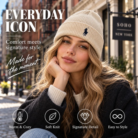 Ralph Lauren Embroidered Beanie worn in a premium lifestyle setting