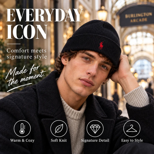 Ralph Lauren Embroidered Beanie worn in a premium lifestyle setting