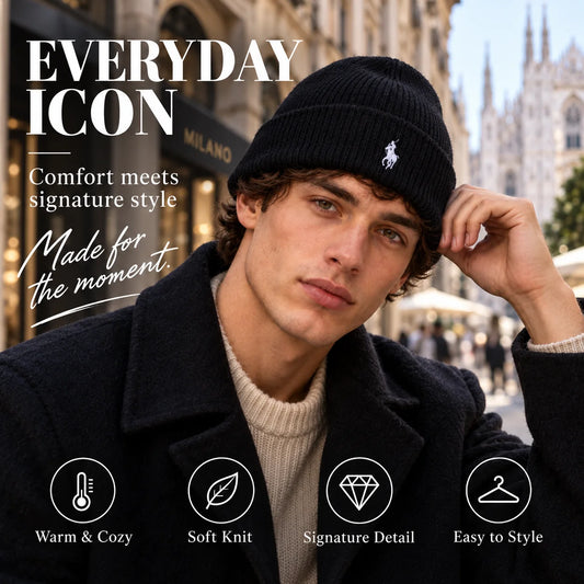 Ralph Lauren Embroidered Beanie worn in a premium lifestyle setting