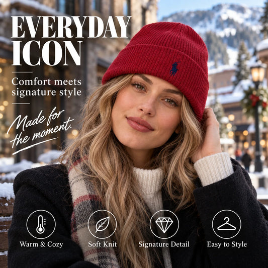 Ralph Lauren Embroidered Beanie worn in a premium lifestyle setting