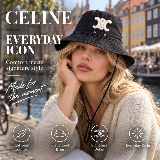 Celine Embroidered Chin Cord Bucket Hat worn in a premium lifestyle setting