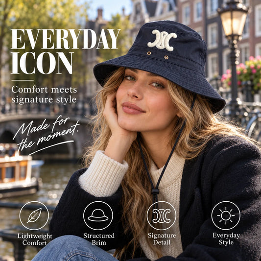 Celine Embroidered Chin Cord Bucket Hat worn in a premium lifestyle setting