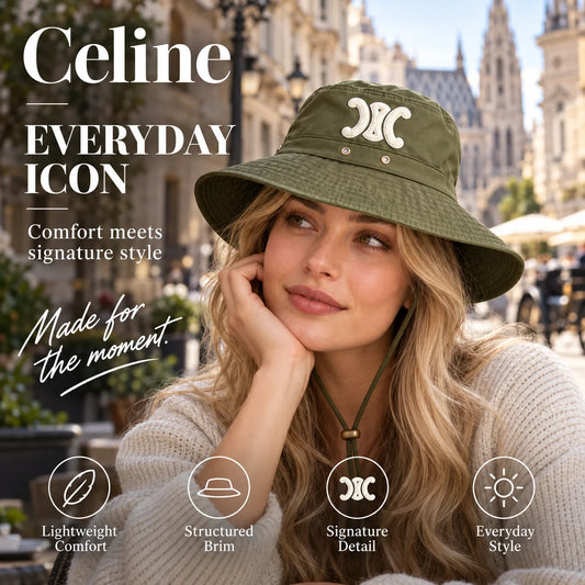 Celine Embroidered Chin Cord Bucket Hat worn in a premium lifestyle setting