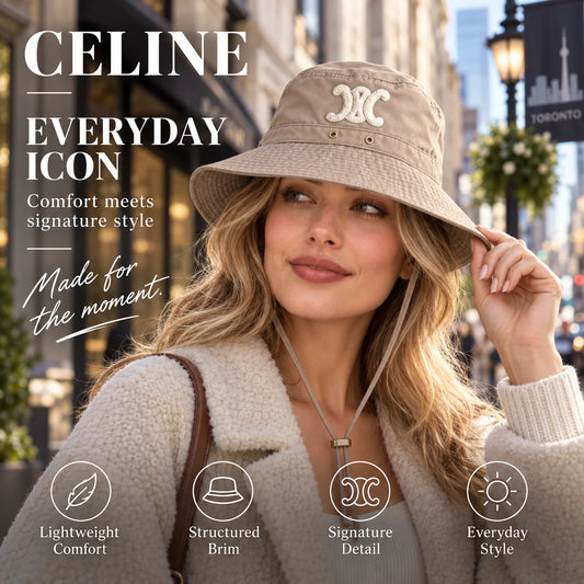 Celine Embroidered Chin Cord Bucket Hat worn in a premium lifestyle setting