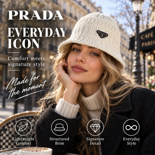 Prada Open Knit Logo Plaque Bucket Hat worn in a premium lifestyle setting