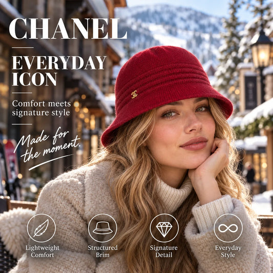 Chanel Wool Metal Logo Bucket Hat worn in a premium lifestyle setting