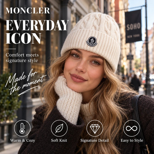 Moncler Cable Knit Beanie worn in a premium lifestyle setting