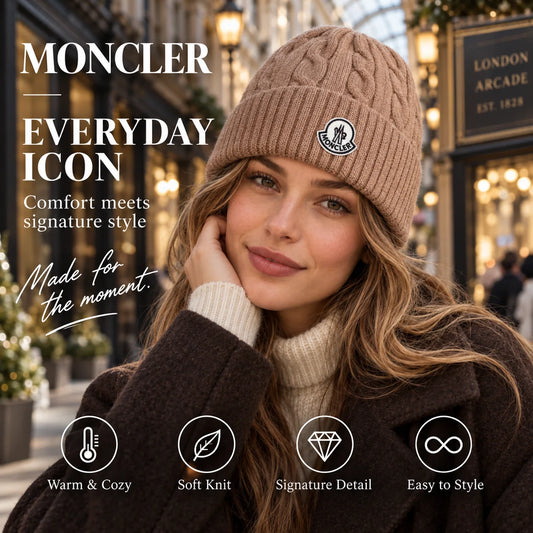 Moncler Cable Knit Beanie worn in a premium lifestyle setting