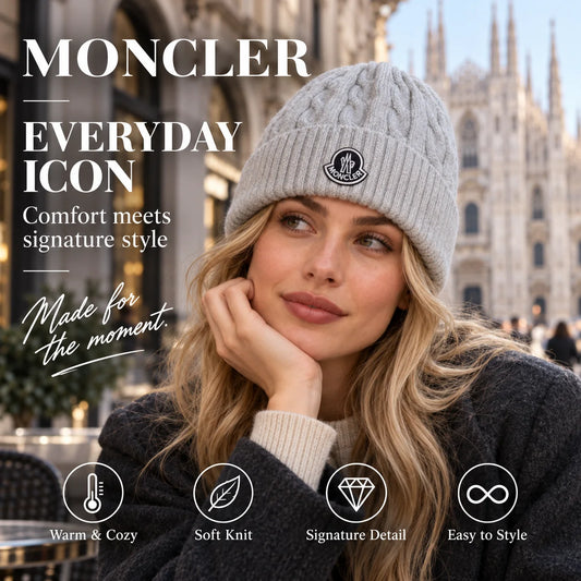 Moncler Cable Knit Beanie worn in a premium lifestyle setting