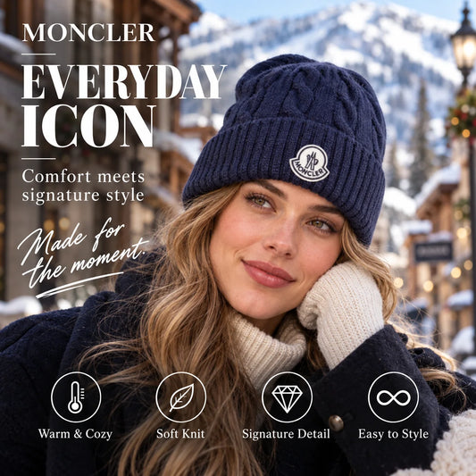 Moncler Cable Knit Beanie worn in a premium lifestyle setting