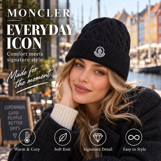 Moncler Cable Knit Beanie worn in a premium lifestyle setting