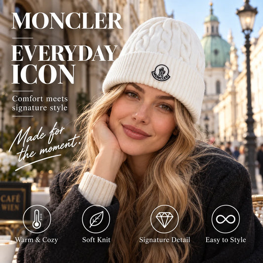 Moncler Cable Knit Beanie worn in a premium lifestyle setting