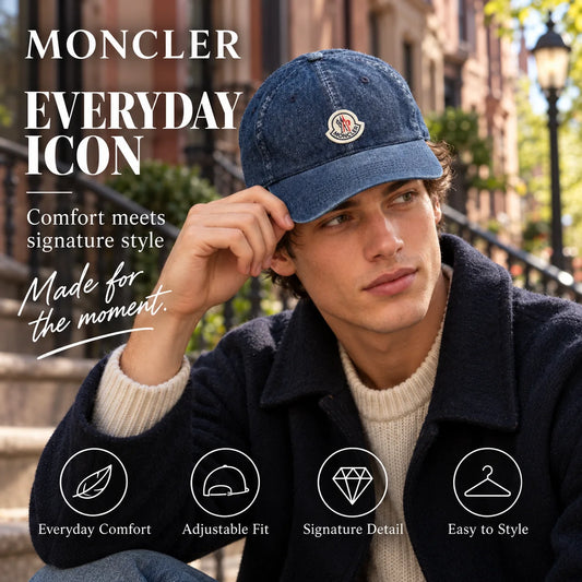 Moncler Denim Baseball Cap worn in a premium lifestyle setting
