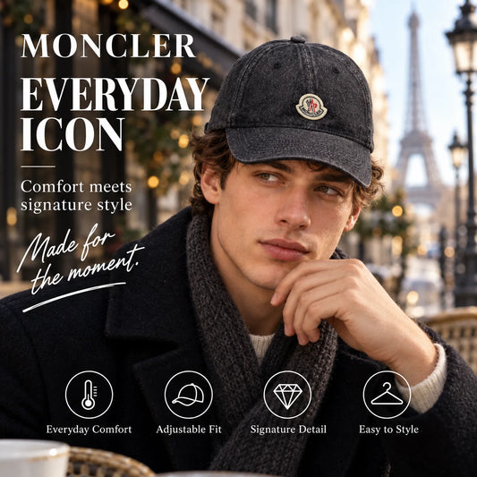 Moncler Denim Baseball Cap worn in a premium lifestyle setting